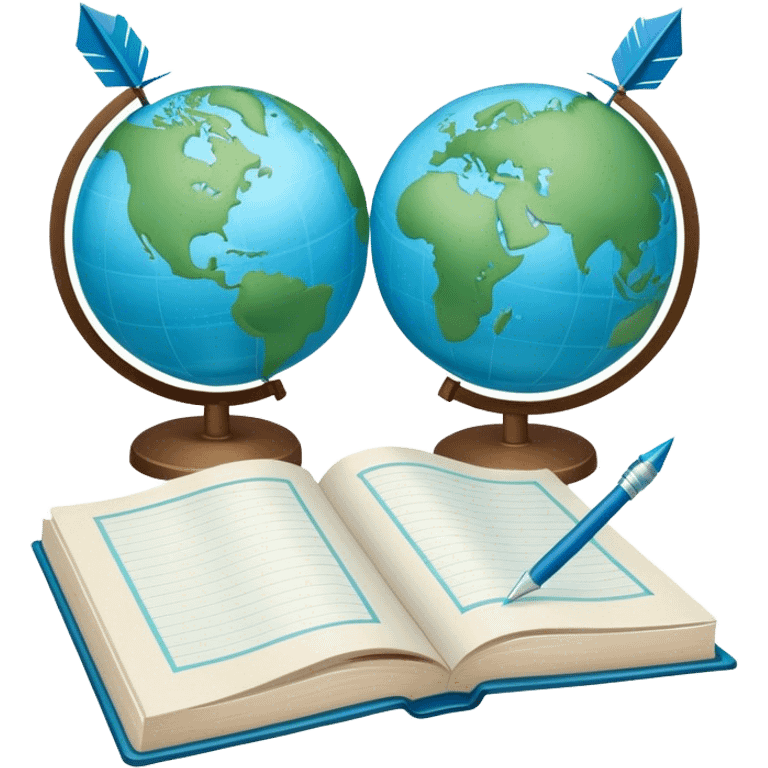 Create an emoji representing language translation. The design should feature a single globe in the background, symbolizing international communication. In front of the globe, place two books or sheets of paper, with a pen nearby to indicate the act of writing. Add two arrows pointing in opposite directions between the sheets to represent the translation process. Use a clean and professional color palette with blues, greens, and neutral tones. Do not include any emojis or smiley faces. Make the background transparent emoji