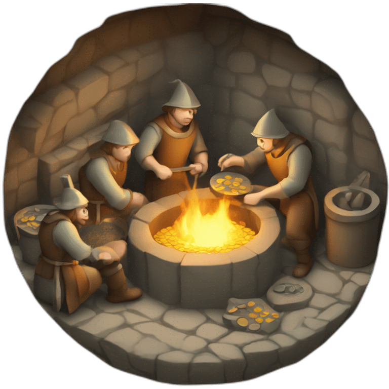 inside of a medieval mint showing different people working creating coins with a furnace emoji