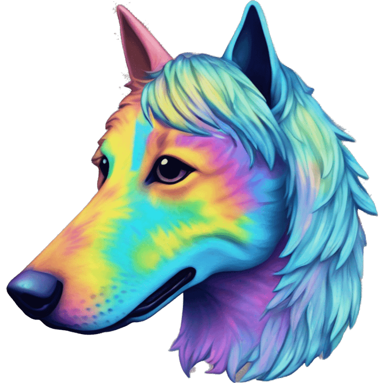 Multicolored rainbow retro groovy tie dye hippie trippy floral patterns on a metallic holographic iridescent blue dog face head unicorn emoji