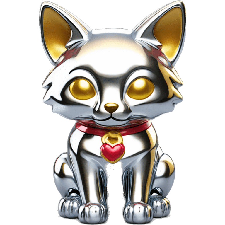 fully chrome fox statue in the form of maneki neko emoji