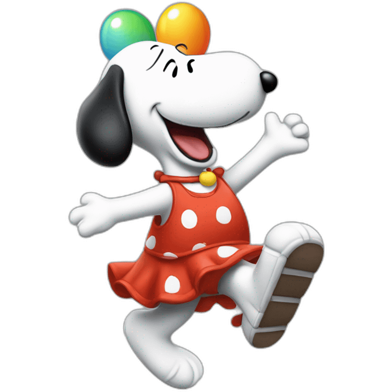 Snoopy bailando vestido de payaso con globos y una torta emoji