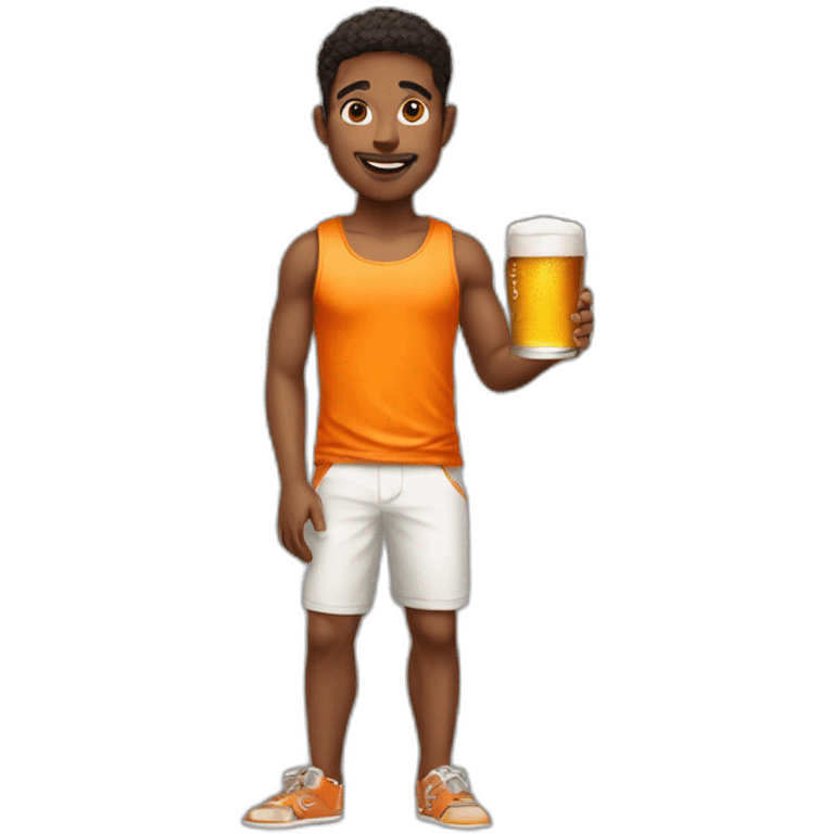 Boy wearing white tank top and orange shorts holding beer tray emoji