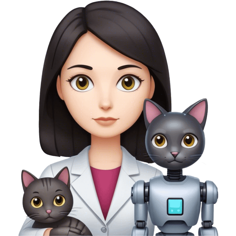 teacher, dark hair long, with robot mtiny cat emoji