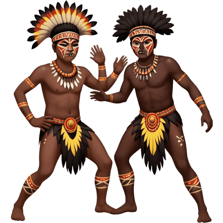 Cinematic Realistic scene of two indigenous male aboriginals performing an Aboriginal Corroboree, adorned in traditional body paint, A corroboree is an Australian Aboriginal ceremonial meeting. It usually includes celebration of Aboriginal mythology and spirituality, which is based in the Dreaming emoji