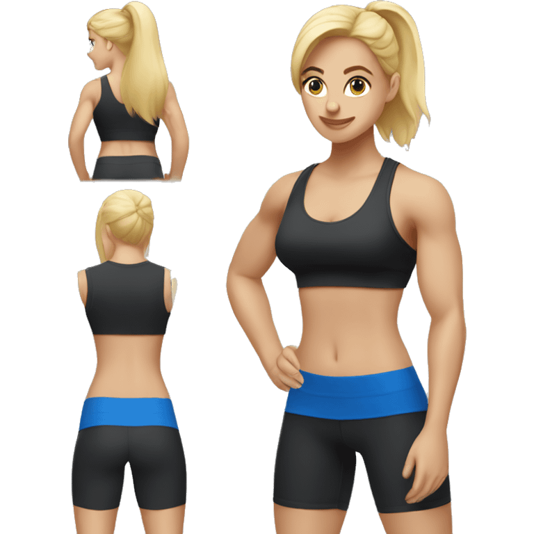 blonde woman working out with a black tank top and a blue shorts emoji