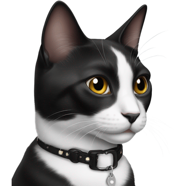 Black and white cat wearing a collar with the name Rue emoji