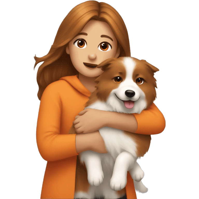 Girl with brown hairs hugs orange spitz nain emoji