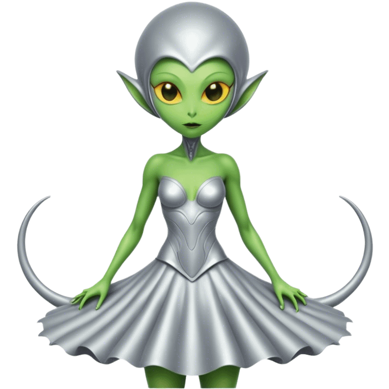 Green Alien woman with Cycloid scales, in silver dress, full figure, yellow eyes emoji