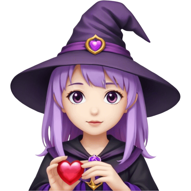 anime girl with lilac hair in a witch hat holding a purple heart emoji