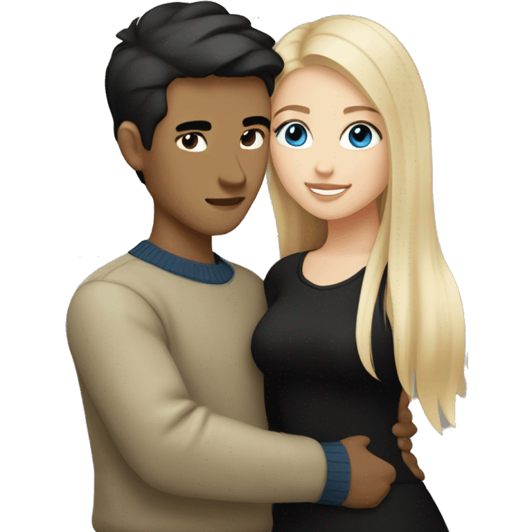 dark Blonde girl with blue eyes in black sweater and an east asian with light skin man with black hair and black eyes hugging emoji