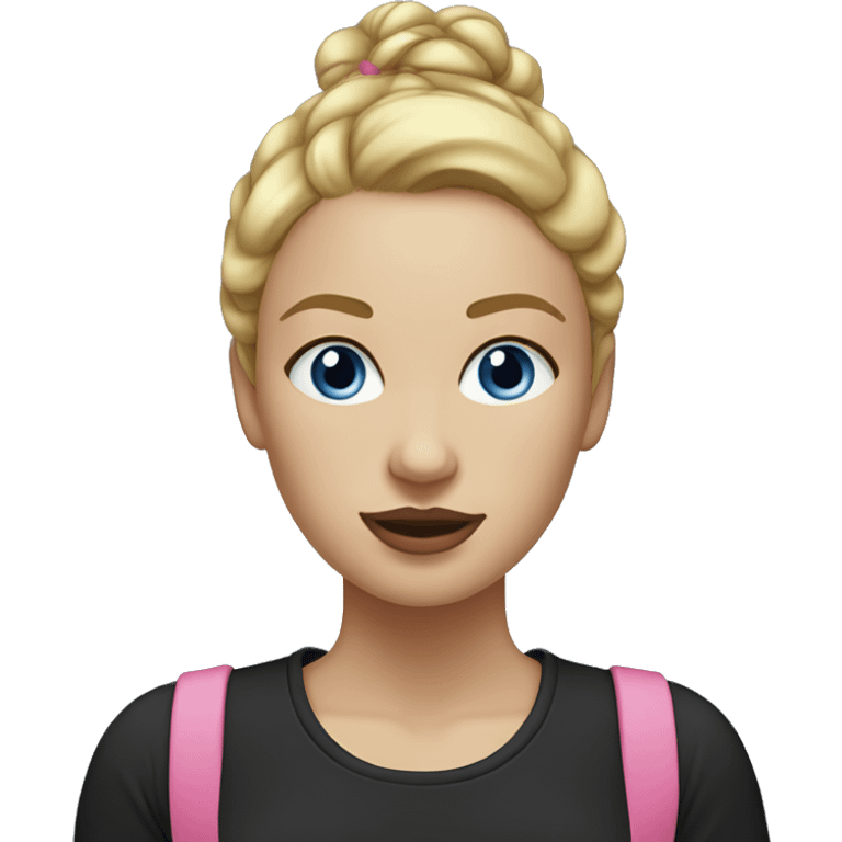 a woman with freckles, blue eyes, light skin, blonde hair with a bun, pink lips. black shirt. emoji