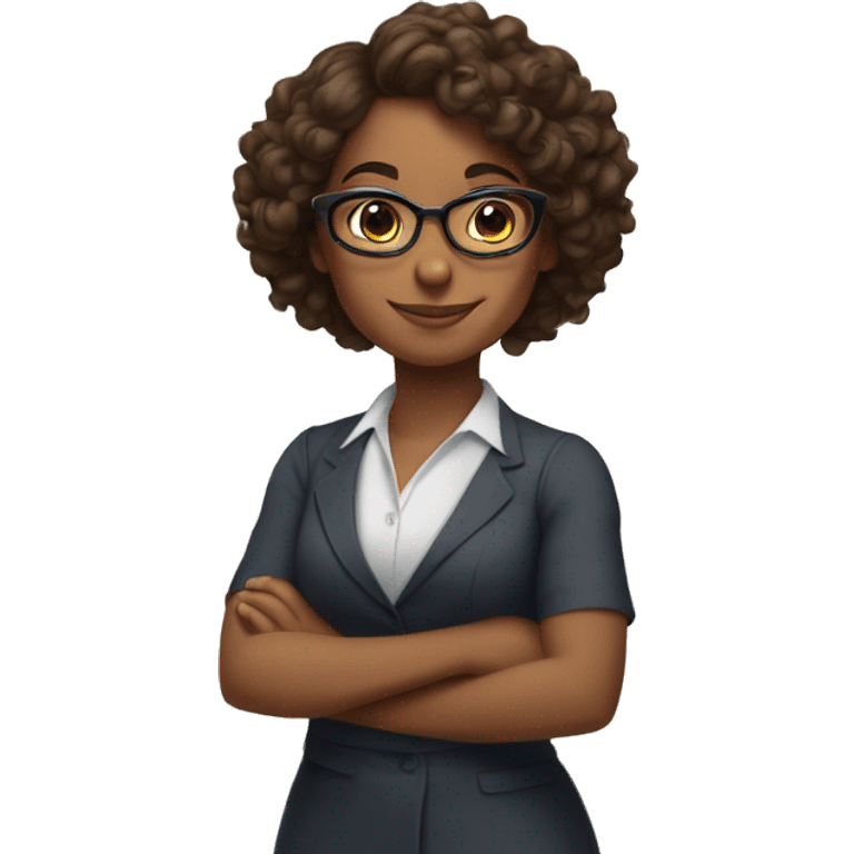 Brown girl with curly brown hair wearing glasses and arms folded, smiling, wearing professional dress emoji