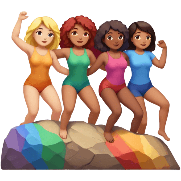 three women of different body types forming human chain, climbing rainbow-colored rock holds emoji