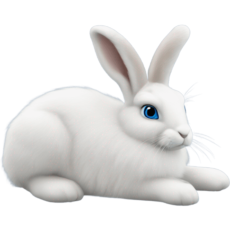 snowshoe hare very fluffy with no feet showing. laying down, side view, blue eyes emoji