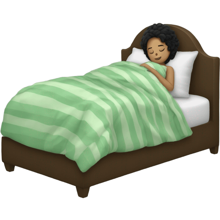 white girl with curly black hair sleeping in a bed with faded green striped comforters emoji