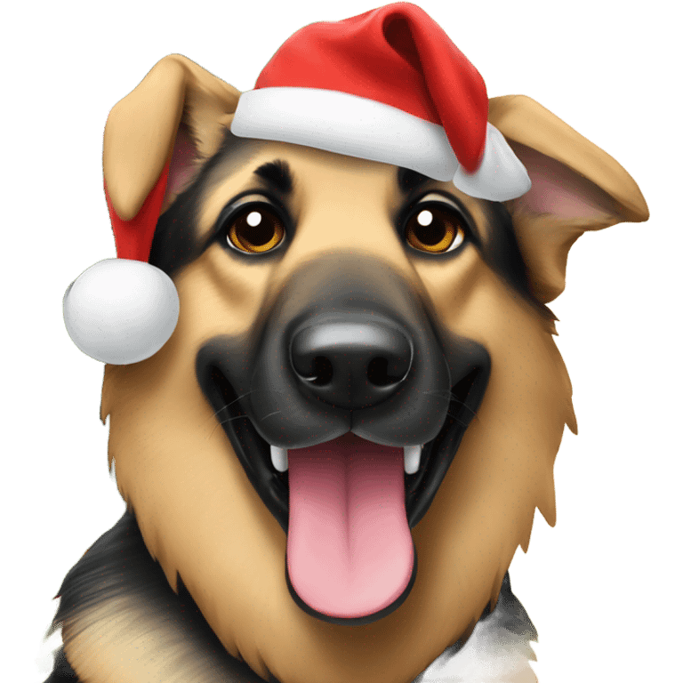 German Shepard wearing a Santa hat by the Christmas tree emoji