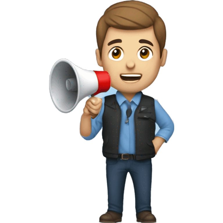 Finance bro with brown short flow hair and puffer vest over blue shirt speaking into a megaphone emoji