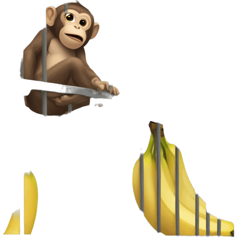 The monkey's outside. Banana inside the cage.  Monkey trying to get the banana out of the cage emoji