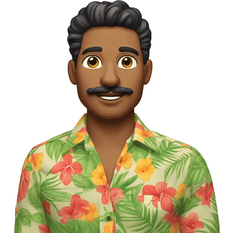 Non-binary Trader Joe's employee with tropical shirt and fancy moustache and brown hair. 34 years old. emoji