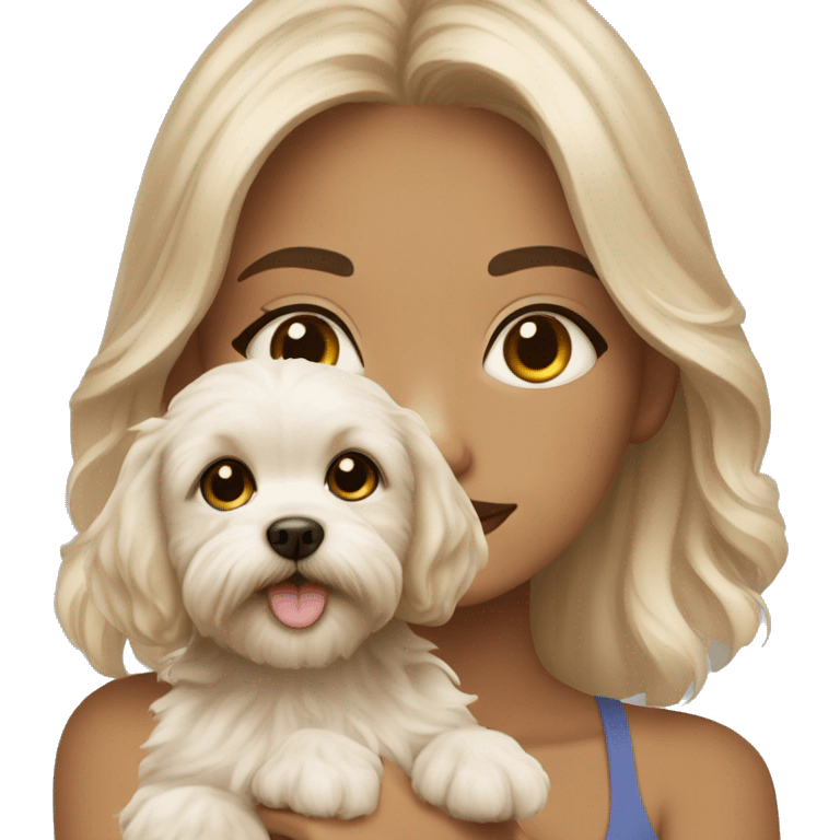 Blonde girl with brown eyes with puppy maltipoo emoji