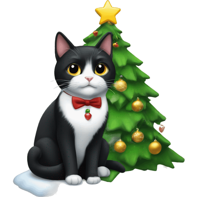 Black tuxedo cat sitting Christmas tree  emoji