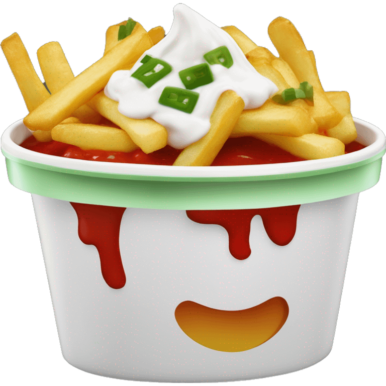 Fries with sour cream and chives on top and a sweet chilli sauce on top in a medium tub that is green and red emoji