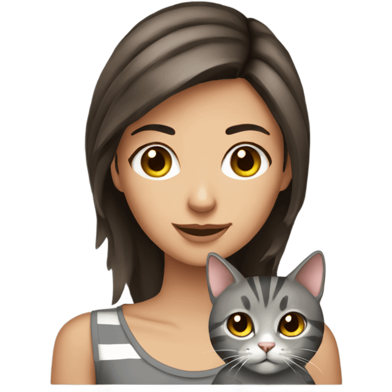 Brown eyed Pretty brunette woman with gray striped cat  emoji