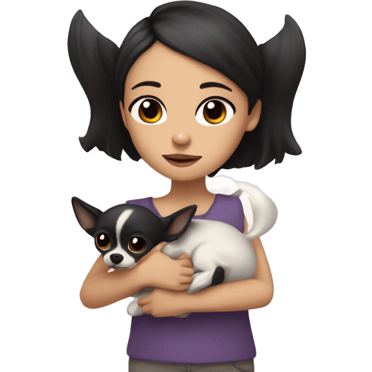 A girl with dark hair and dark eyes and a white chihuahua in her arms and they cuddled  emoji