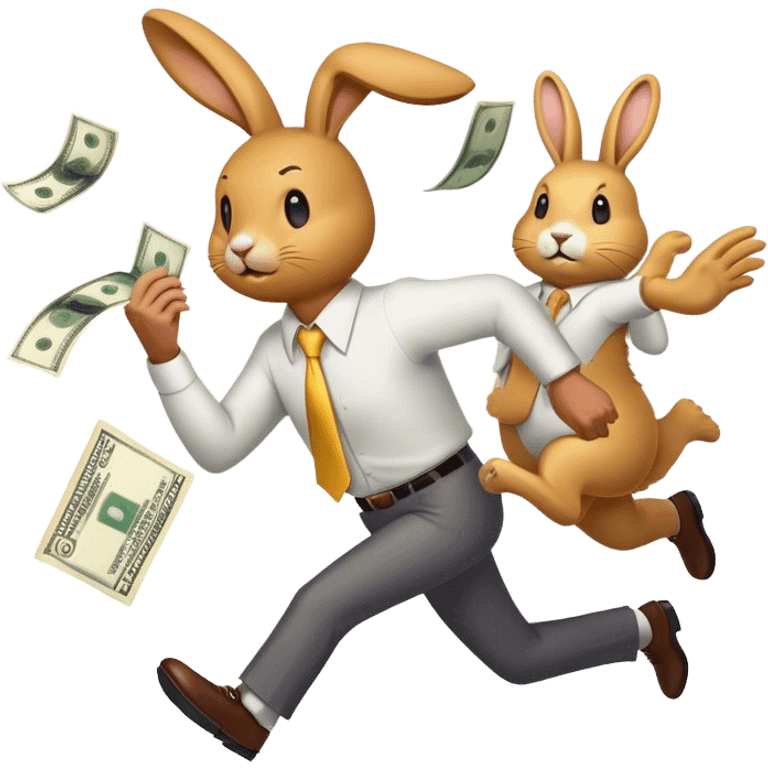 Design an emoji of a stressed-out business owner chasing a golden rabbit holding a dollar bill. The entrepreneur looks exhausted, sweating, and running endlessly, as if stuck in an infinite loop emoji