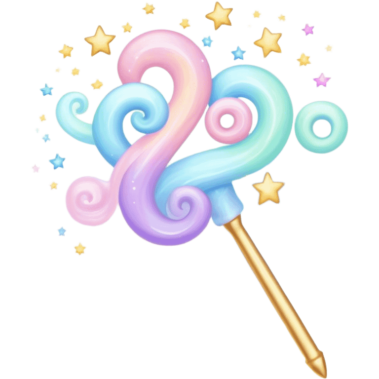 Cinematic cute magical wand, pastel swirls of color, tiny twinkling stars floating around, glowing softly, chubby rounded edges, whimsical and dreamy. emoji