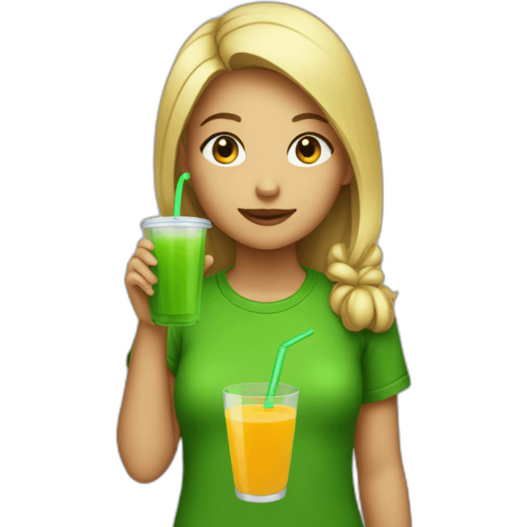 girl drinking a juice with a green t-shirt emoji