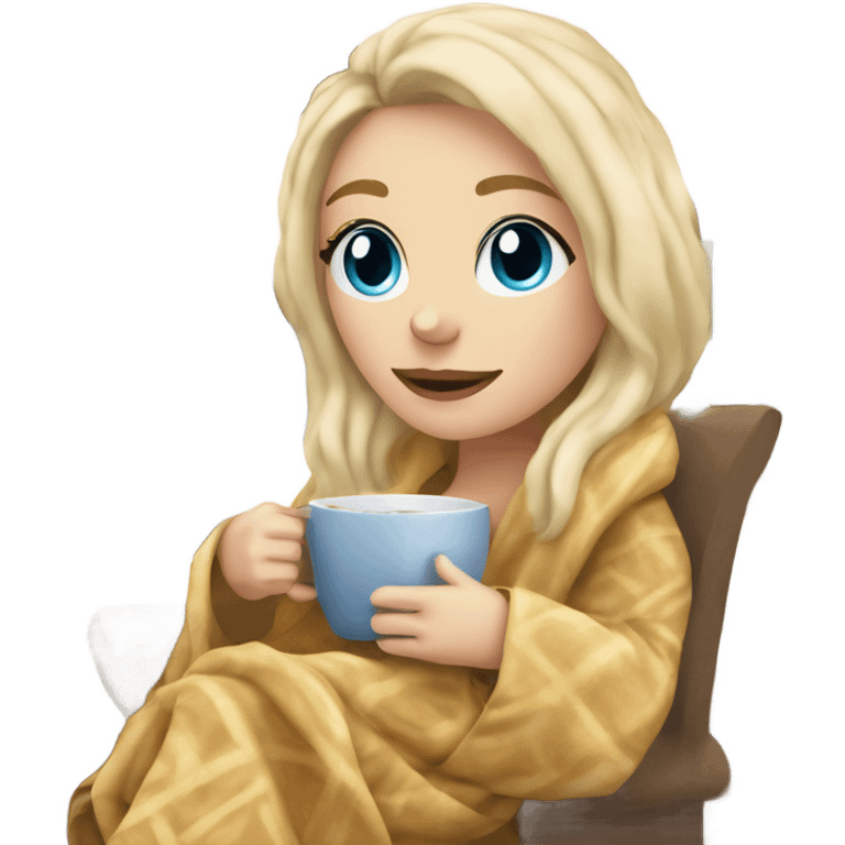 Blonde hair blue eyed white girl covered in blanket sitting on a cozy chair holding coffee sitting next to a snowy window emoji