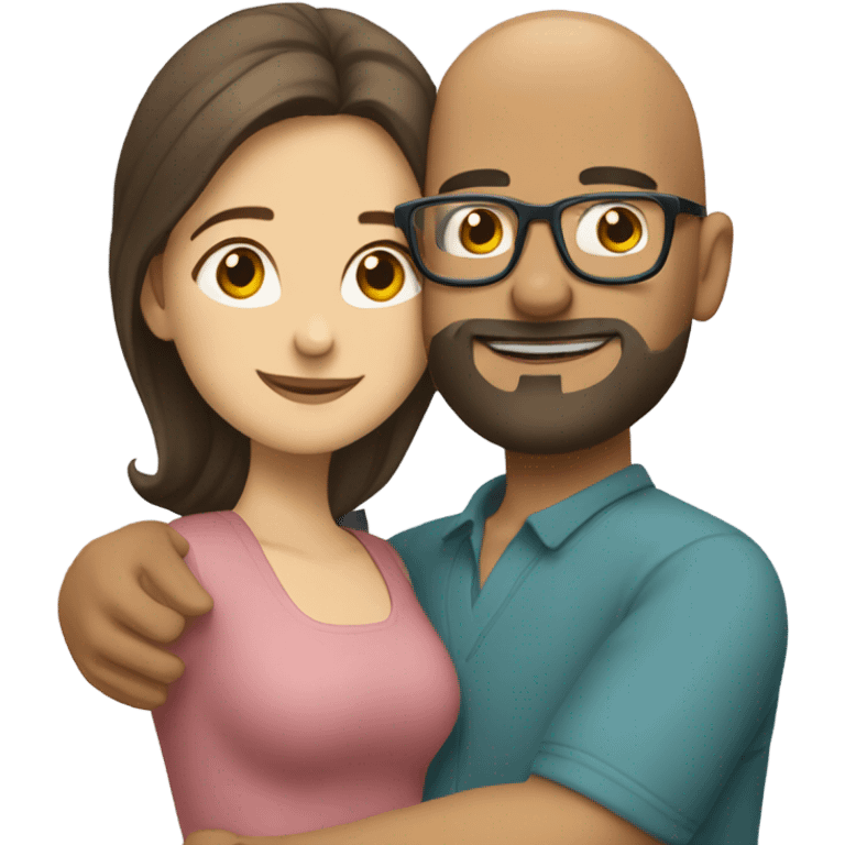 Bald Hispanic man with beard and glasses and white brunette girl with long hair hugging emoji