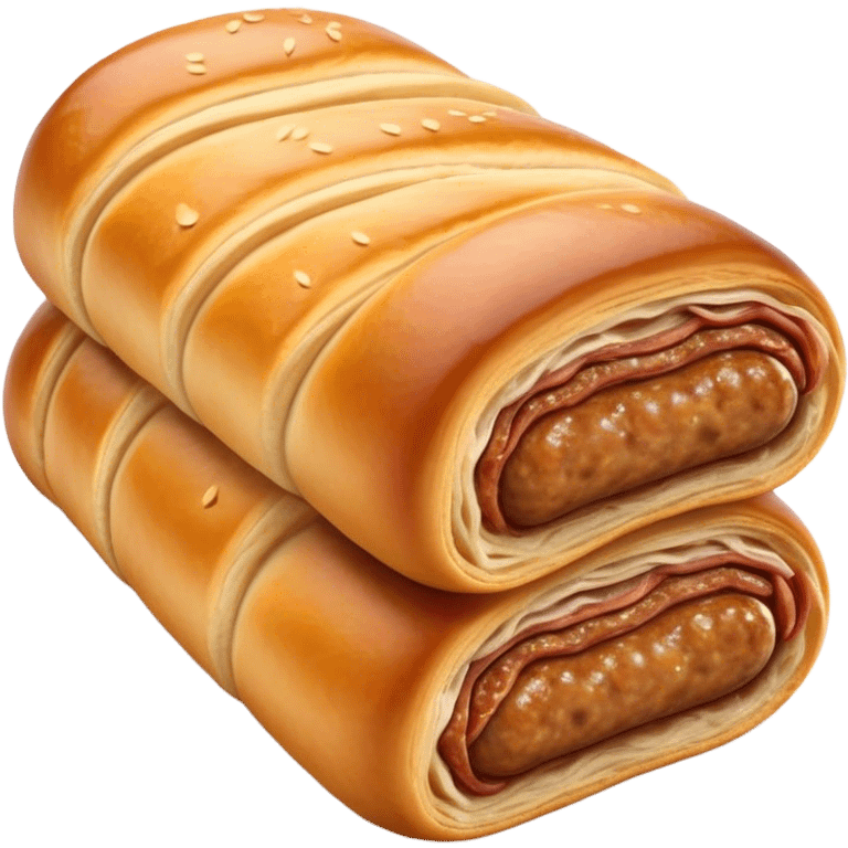 Cinematic Realistic Sausage Roll Dish Emoji, depicted with a crisp, golden pastry wrapped around flavorful sausage, rendered with detailed textures and appetizing lighting. emoji