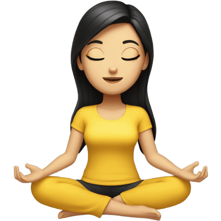 White girl with black hair meditating in yellow top emoji