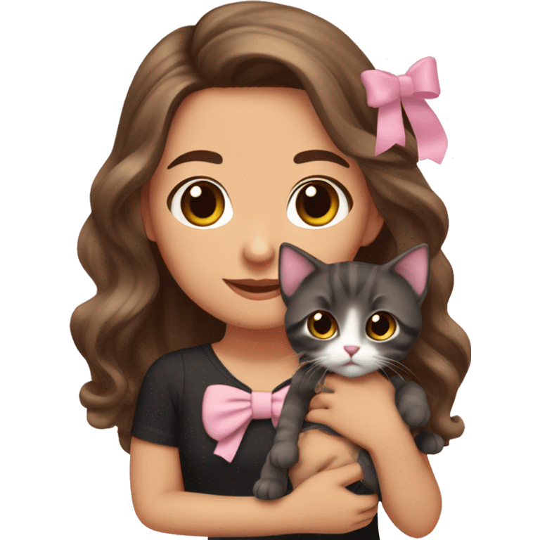 olive-toned brunette with long wavy brown hair and brown eyes, wearing a light pink hair bow. She is holding a black kitten that also has a matching pink bow emoji