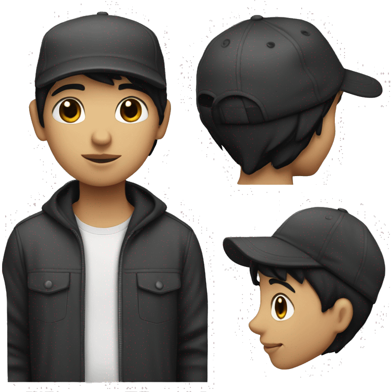 boy with black hair with a white streak, with a cap and a little fat emoji