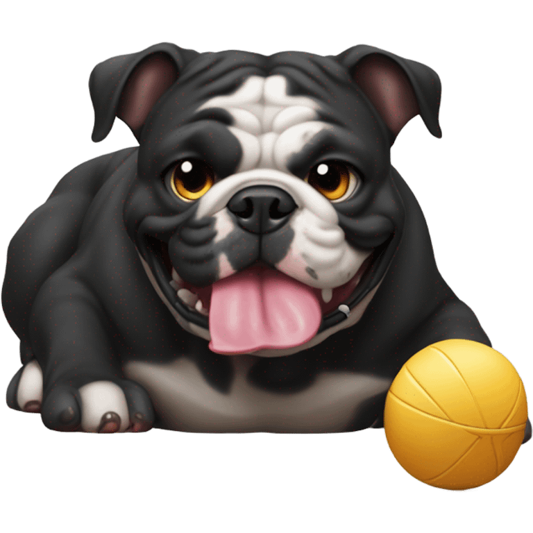 Black furred English bulldog playing with a circular chew toy emoji