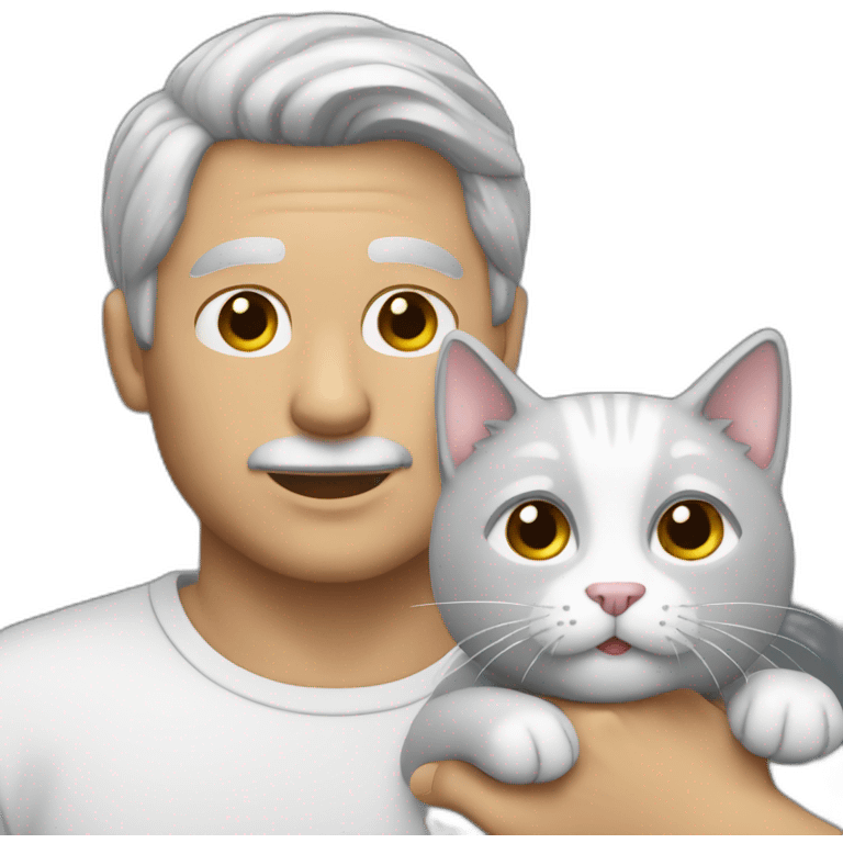 Man withe gray hair without beard with a white cat in his hand emoji