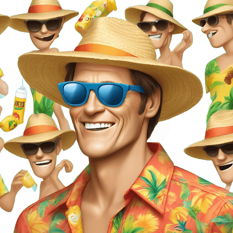 jim carrey beach shirt sun glasses sunscreen and beach hat  emoji