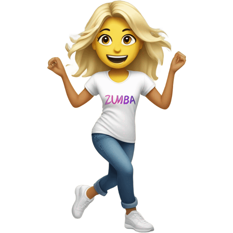 Blond smiling and dancing girl with Zumba logo on white t-shirt emoji