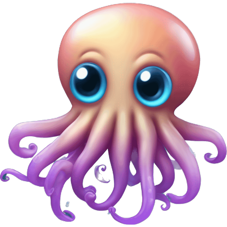 A floating squid in blue gradient with happy eyes, a violet tint on te end of the tenacles, and black background with bubbles floating around emoji