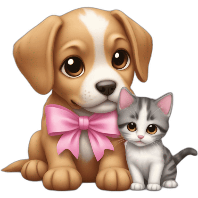 small puppy with a kitten, both with a pink bow emoji