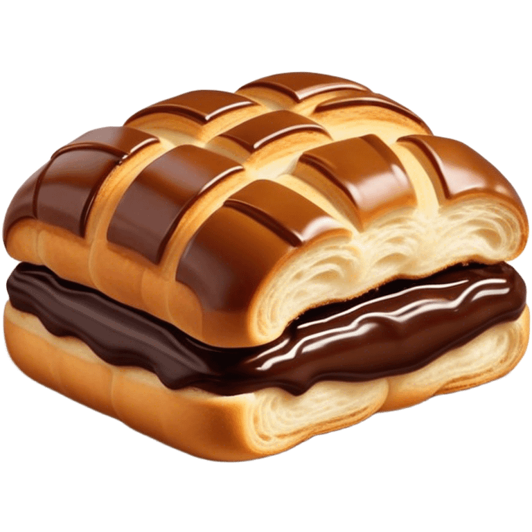 Cinematic warm pain au chocolat, flaky golden-brown pastry with a rich chocolate filling peeking through, perfectly crisp exterior, soft glowing highlights, inviting and indulgent. emoji