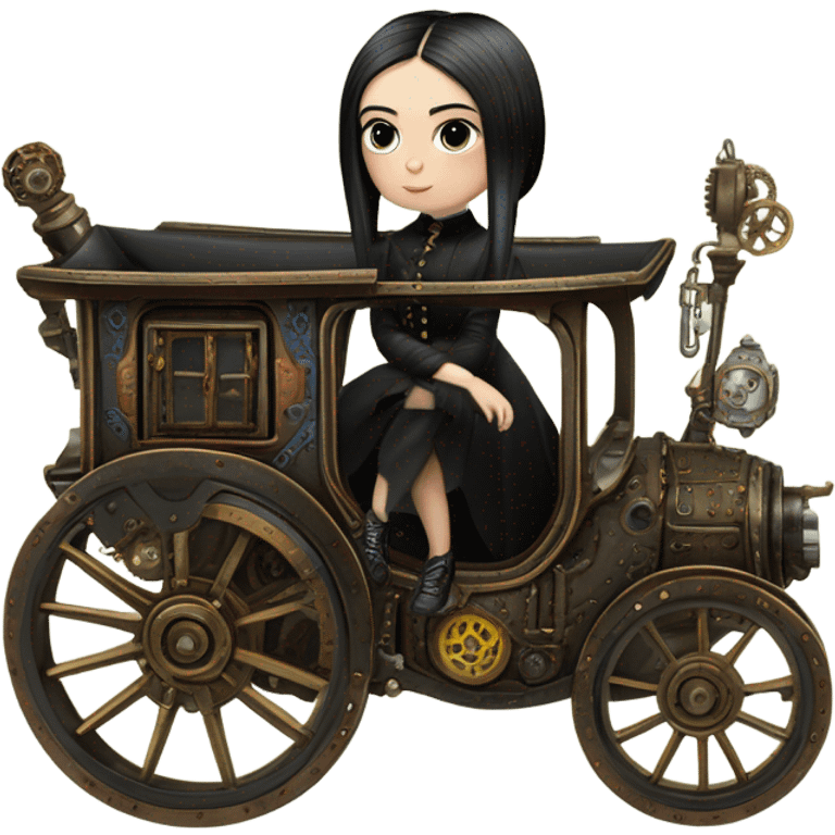 Wednesday Addams riding in a bright steampunk electric wagon emoji