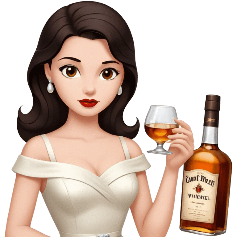 Beautiful woman in 1950’s woman fashion look, white dress, long dark brown hair, whisky with ice emoji