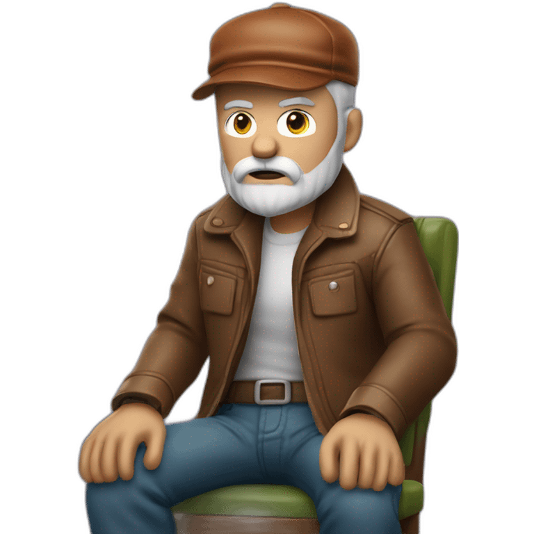 biff wiff short santa beard wearing a brown leather jacket and a paddy cap sitting in a folding directors chair looking angry(full body, ios17) emoji