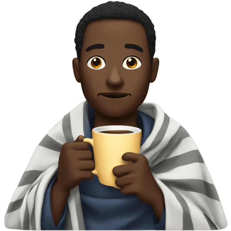 Black man with blanket  sipping a hot coffee emoji