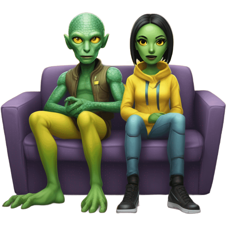 alien reptilian woman and humman man, sitting on a couch  emoji