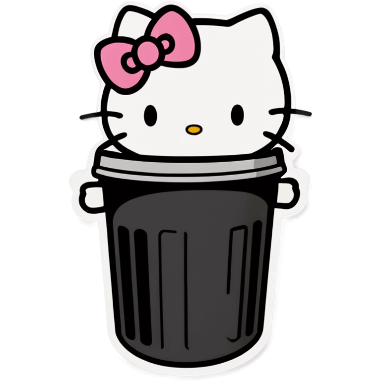 A trash bin that says GOODBYEEEE with hello Kitty in it emoji